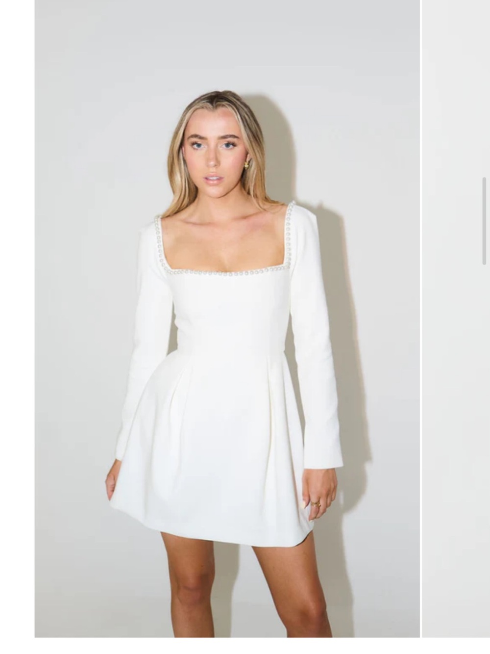 Odd Muse White Square-Neck Long Sleeve Mini Dress with Pearl Neckline